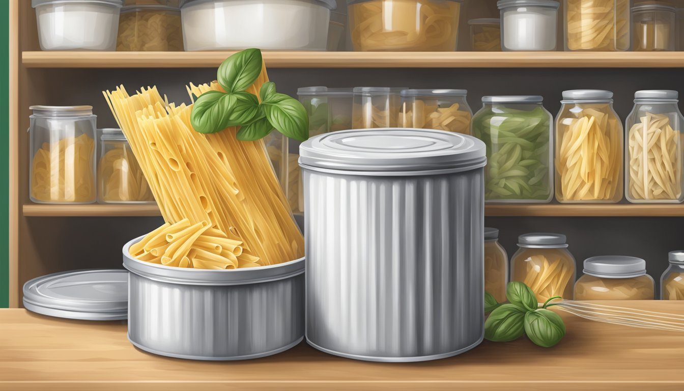 A sealed container of ziti pasta stored in a cool, dry pantry