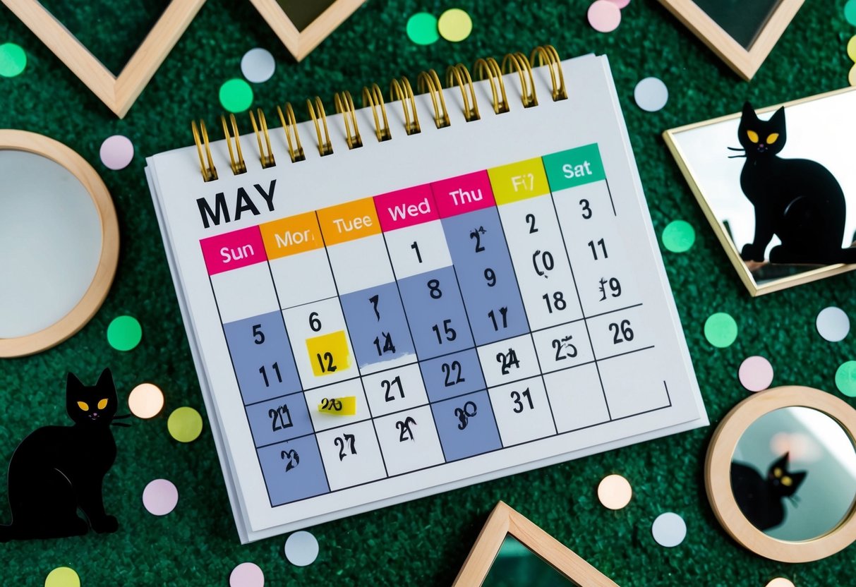A calendar with the month of May highlighted, surrounded by symbols of bad luck such as broken mirrors and black cats