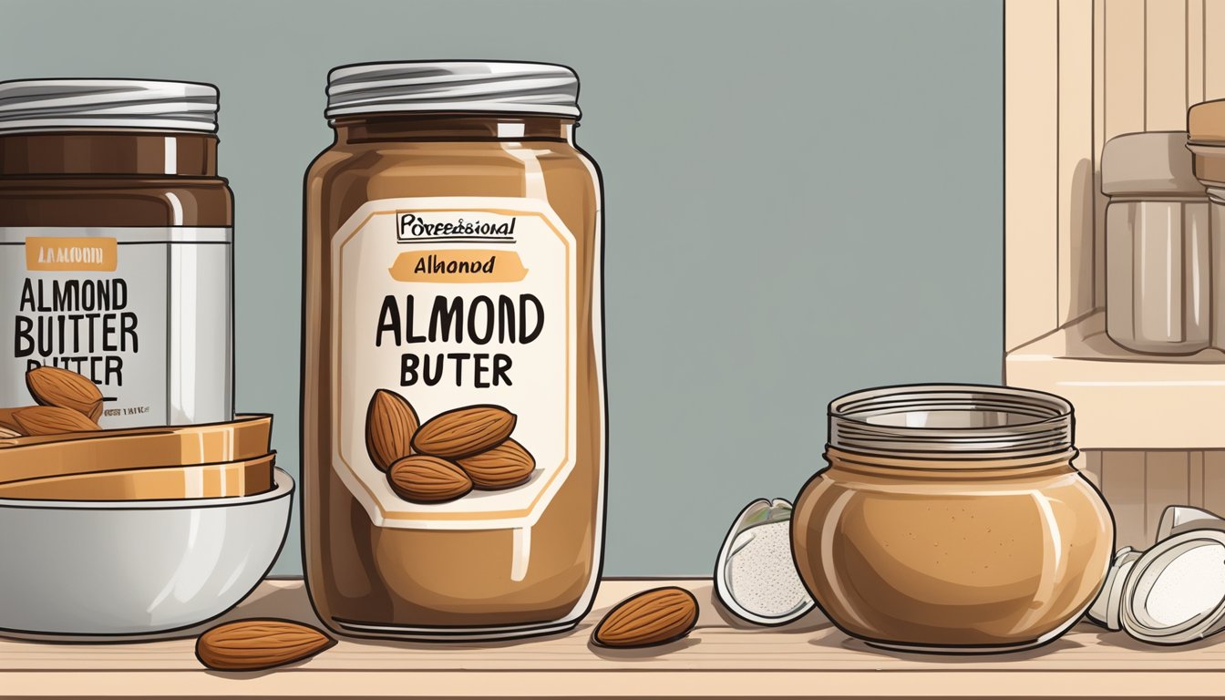 A jar of almond butter sits on a kitchen shelf, surrounded by other pantry items. The lid is tightly sealed, and the contents appear smooth and creamy