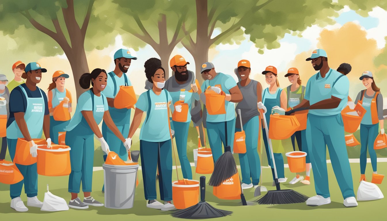 A group of people from diverse backgrounds working together to clean up a local park, with WhatABurger volunteers serving food and drinks to the volunteers