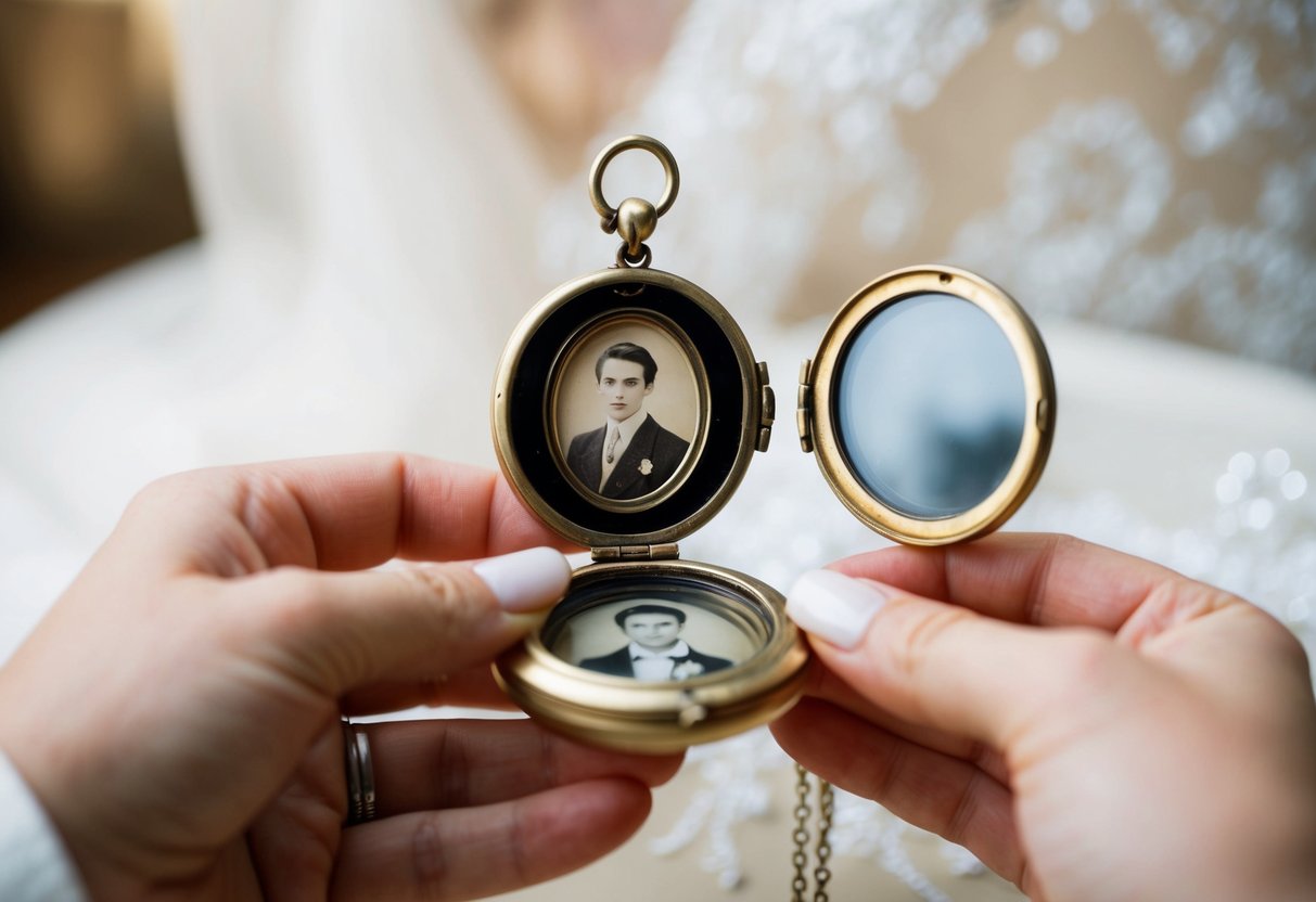 A vintage locket opens, revealing a faded photograph inside, as a bride receives her "something old" from a loved one