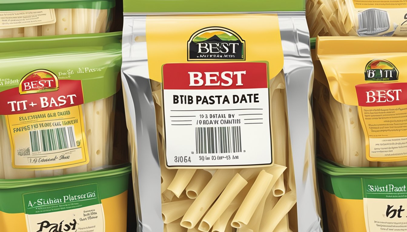 A sealed package of ziti pasta stored in a pantry with a "best by" date label