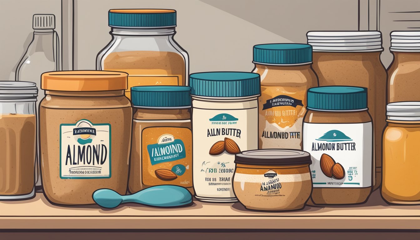 A jar of almond butter sits on a kitchen shelf, surrounded by other food items. The lid is tightly sealed, and the label indicates the expiration date