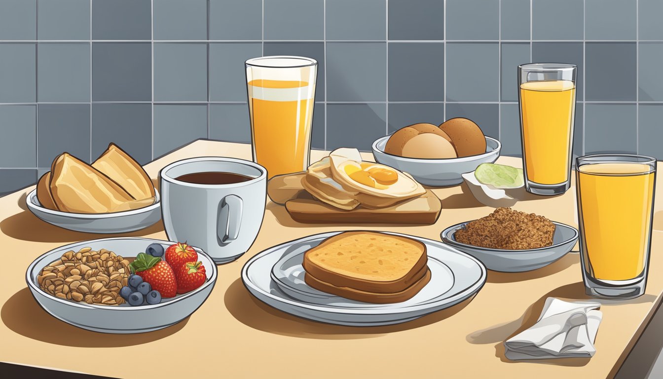 A breakfast menu with various items displayed on a counter