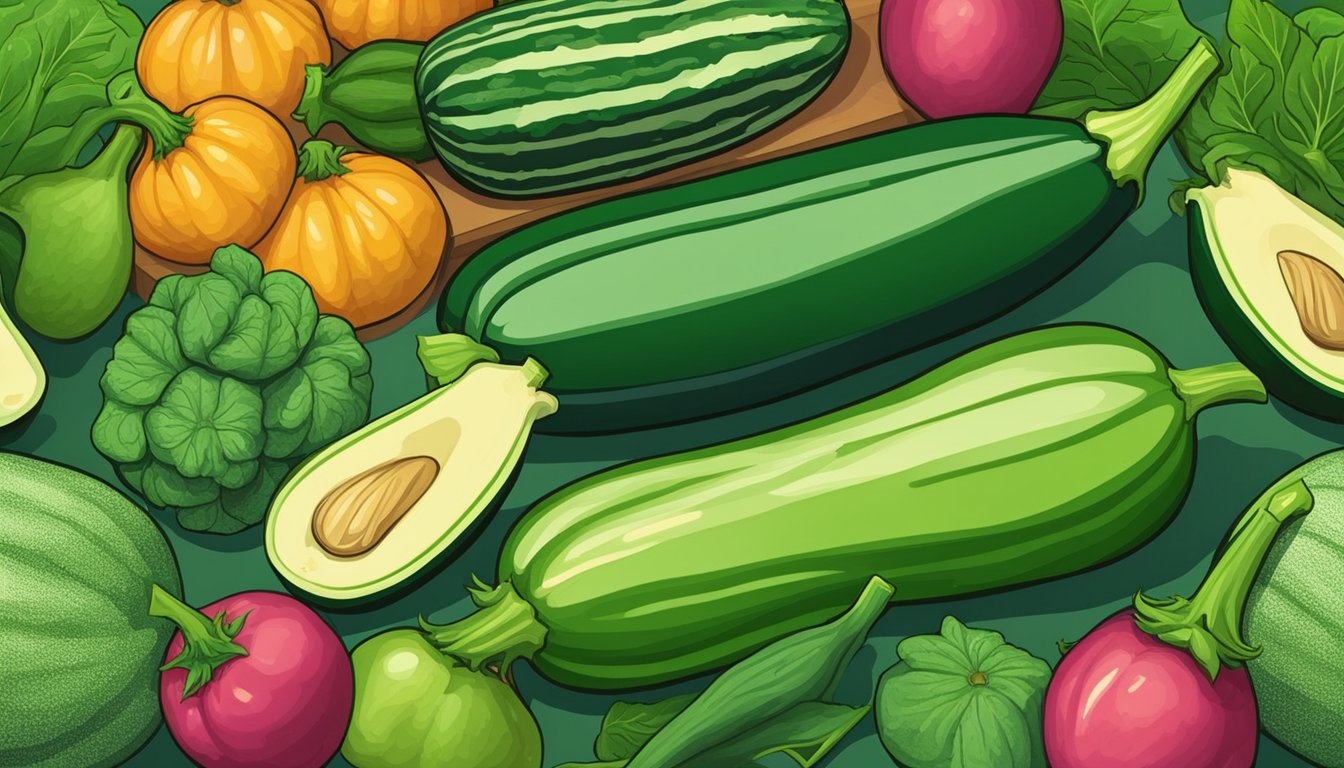 A zucchini sits on a kitchen counter, surrounded by other fresh produce. The vibrant green color and smooth texture of the zucchini indicate its freshness