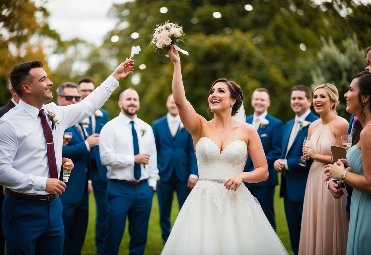 A bride tosses her garter to a group of eager wedding guests