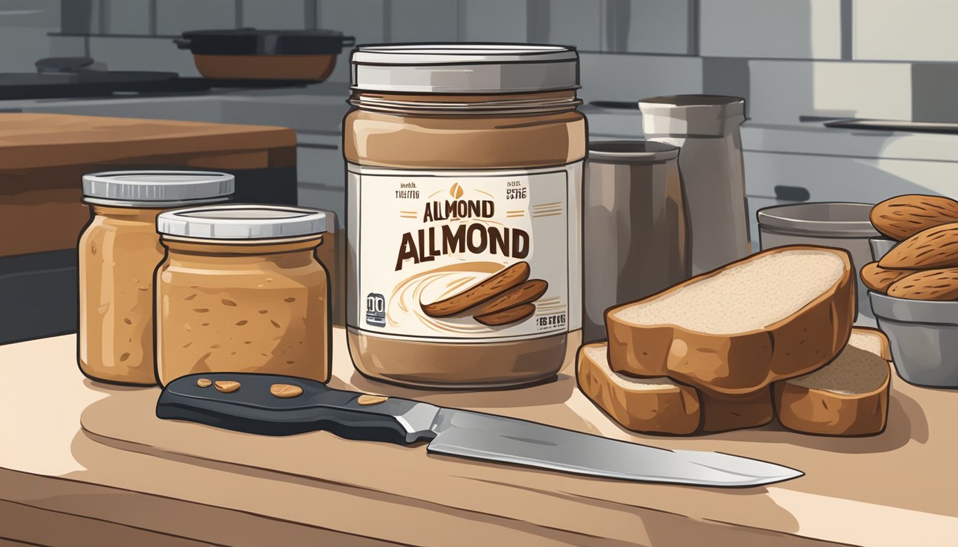 A jar of almond butter sits on a kitchen counter, next to a knife and a loaf of bread. The lid is slightly ajar, indicating recent use