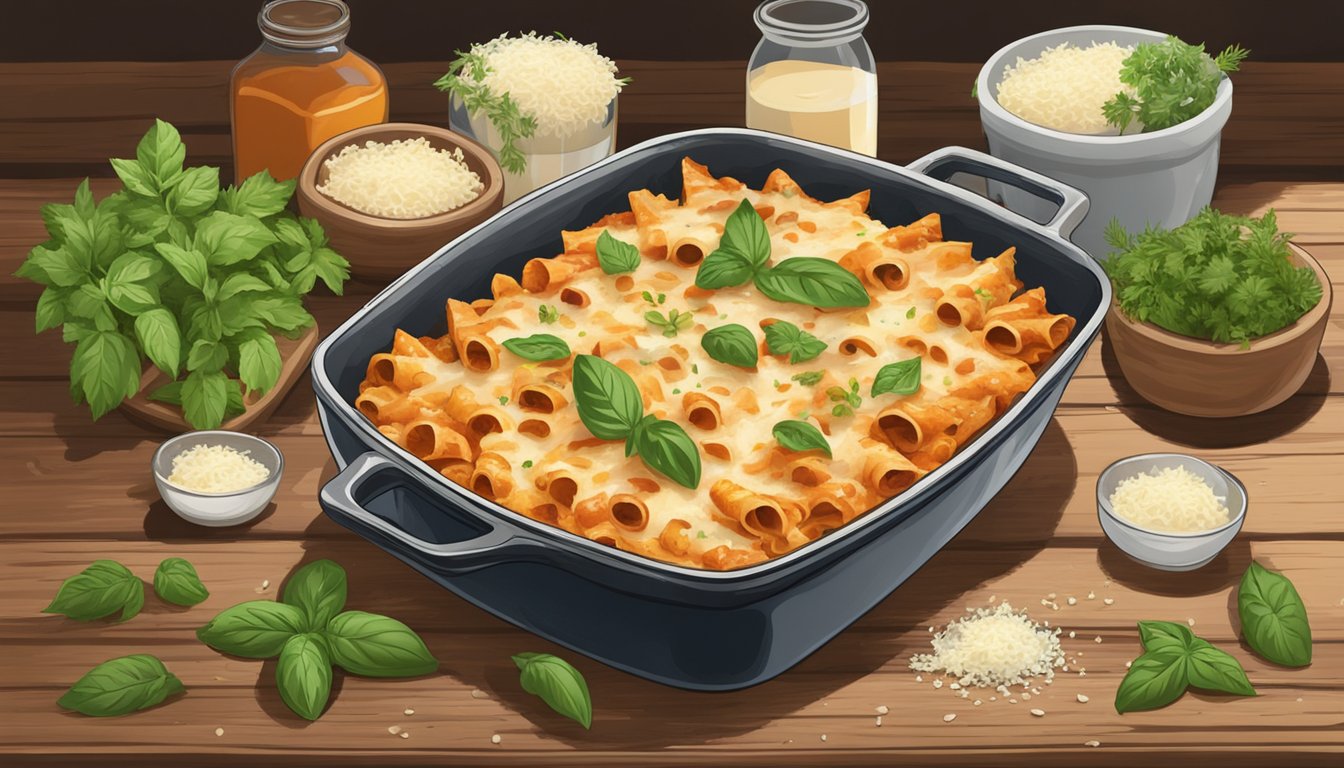 A steaming dish of baked ziti sits on a rustic wooden table, surrounded by fresh herbs and a scattering of parmesan cheese