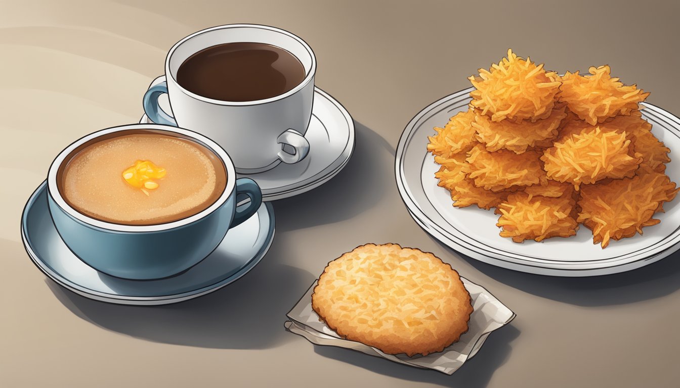 A steaming cup of coffee sits next to a plate of crispy hash browns and a buttered biscuit on a Whataburger breakfast menu