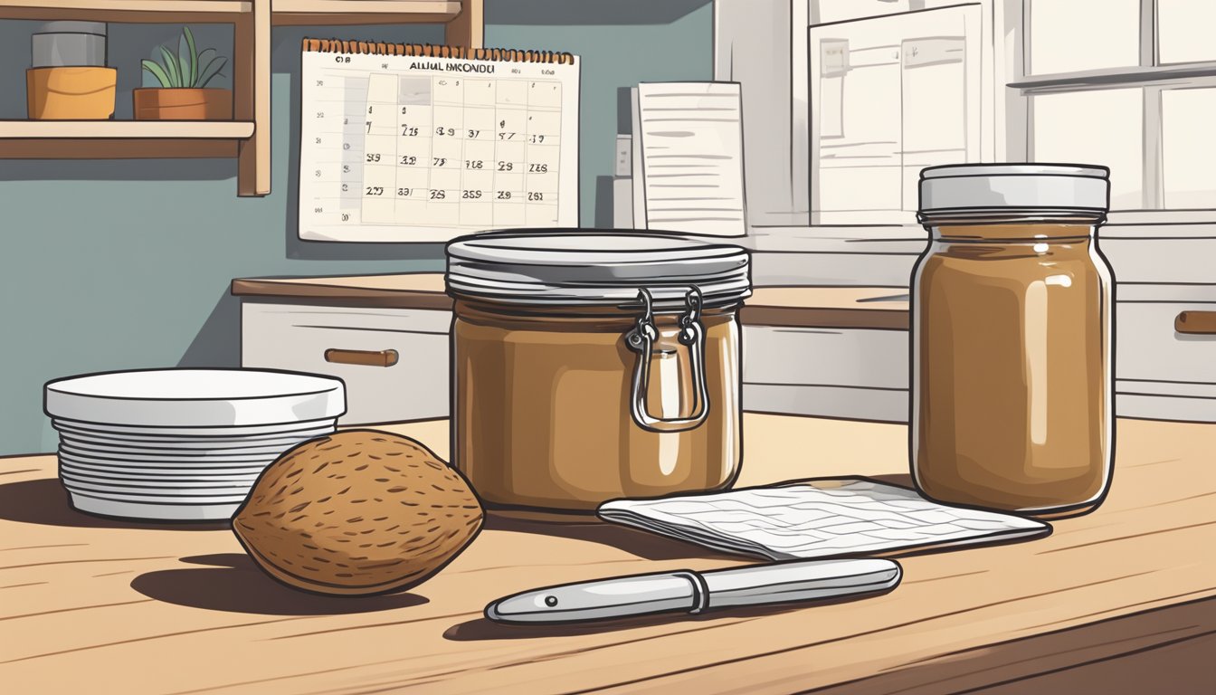 A jar of almond butter sits on a kitchen counter next to a calendar, with the date of purchase circled. A small clock on the wall shows the current time