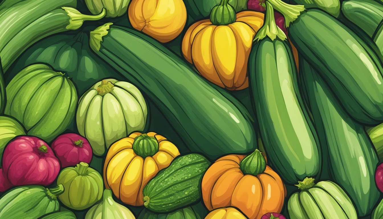 A zucchini sits on a shelf, surrounded by other fresh produce. It is firm, smooth, and vibrant green, with no signs of spoilage