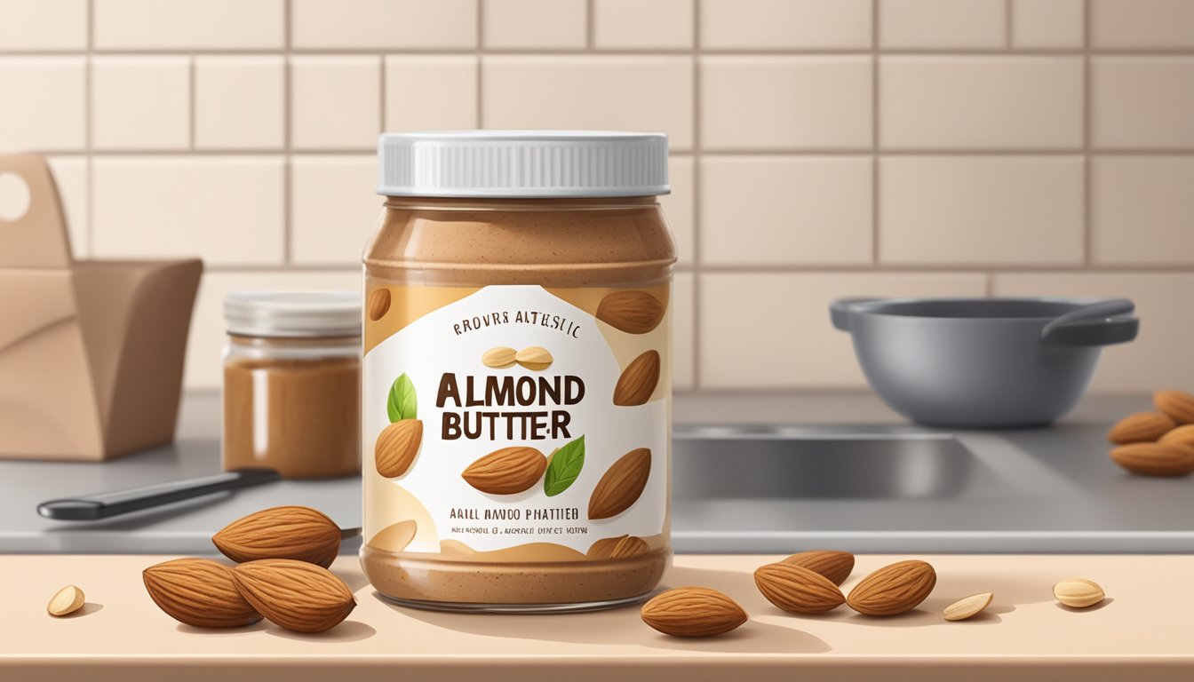 A jar of almond butter sits unopened on a clean kitchen counter, surrounded by a few scattered almonds and a knife