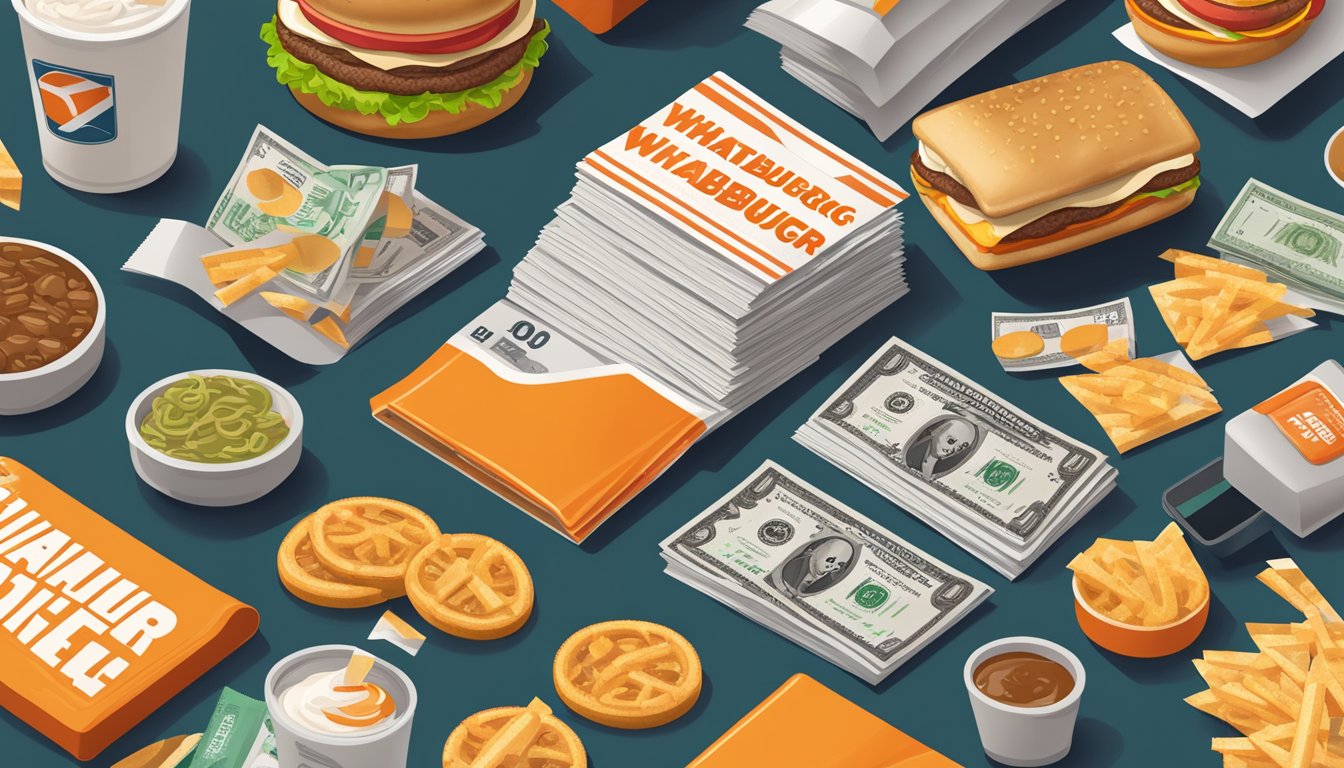 A stack of Whataburger coupons surrounded by various food items and a wallet with money