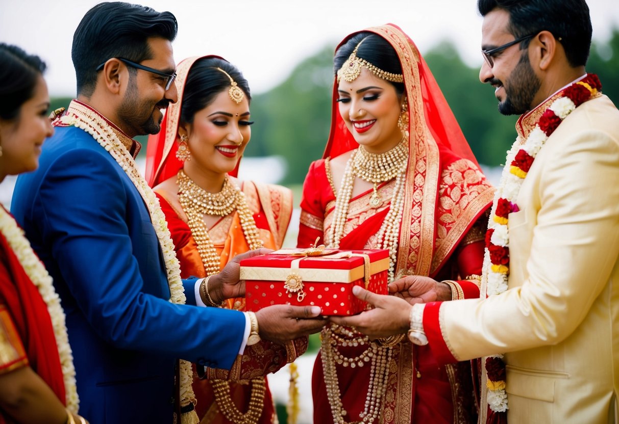 The groom's family presents the bride with a traditional gift of jewelry and a decorative scarf during the wedding ceremony