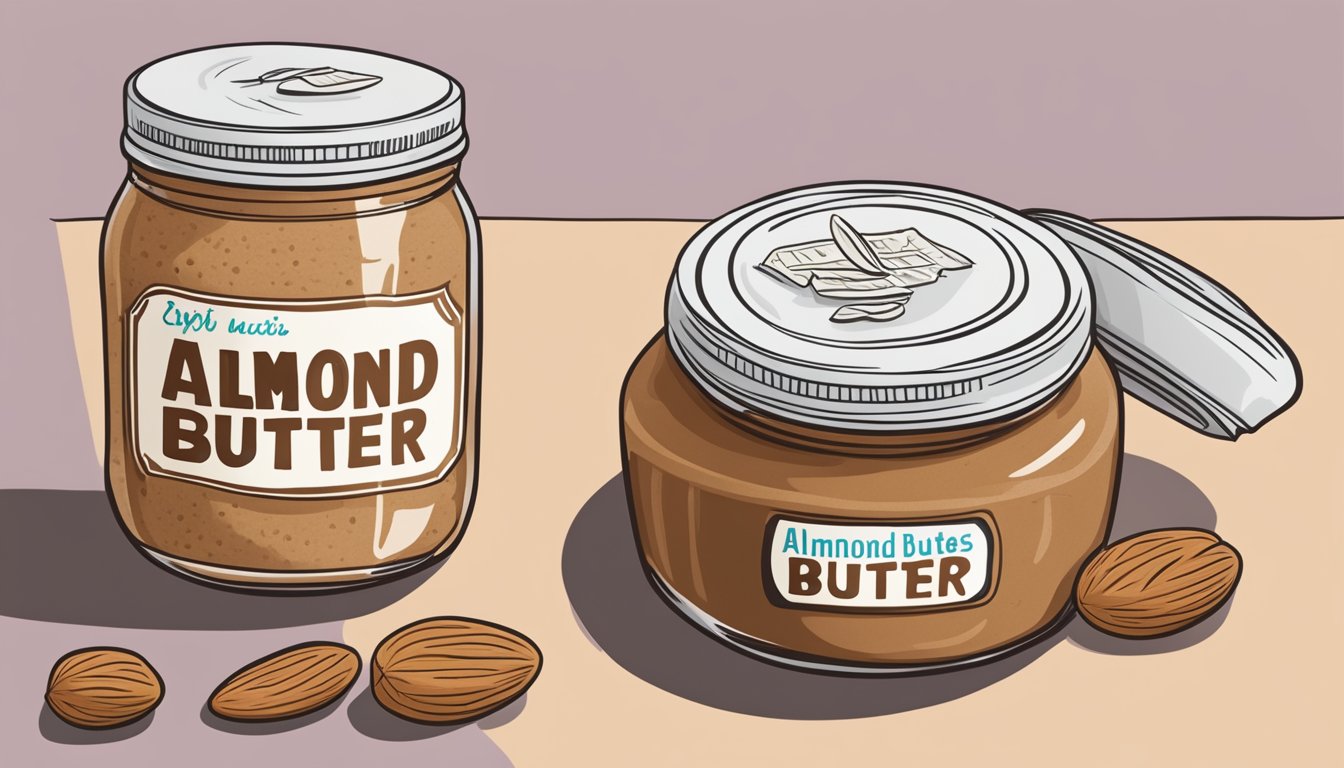 A jar of homemade almond butter sits next to a store-bought one, both labeled with expiration dates