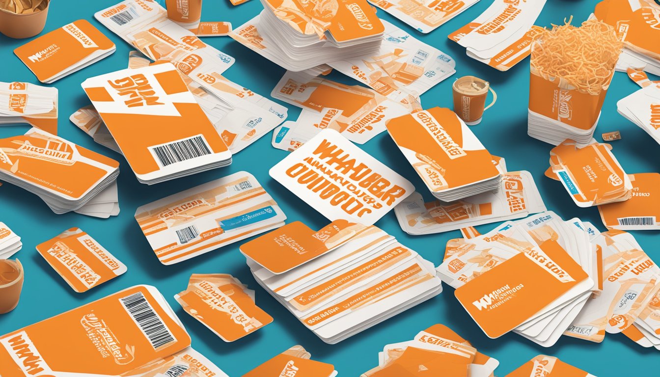 A pile of Whataburger gift cards and merchandise coupons scattered on a table