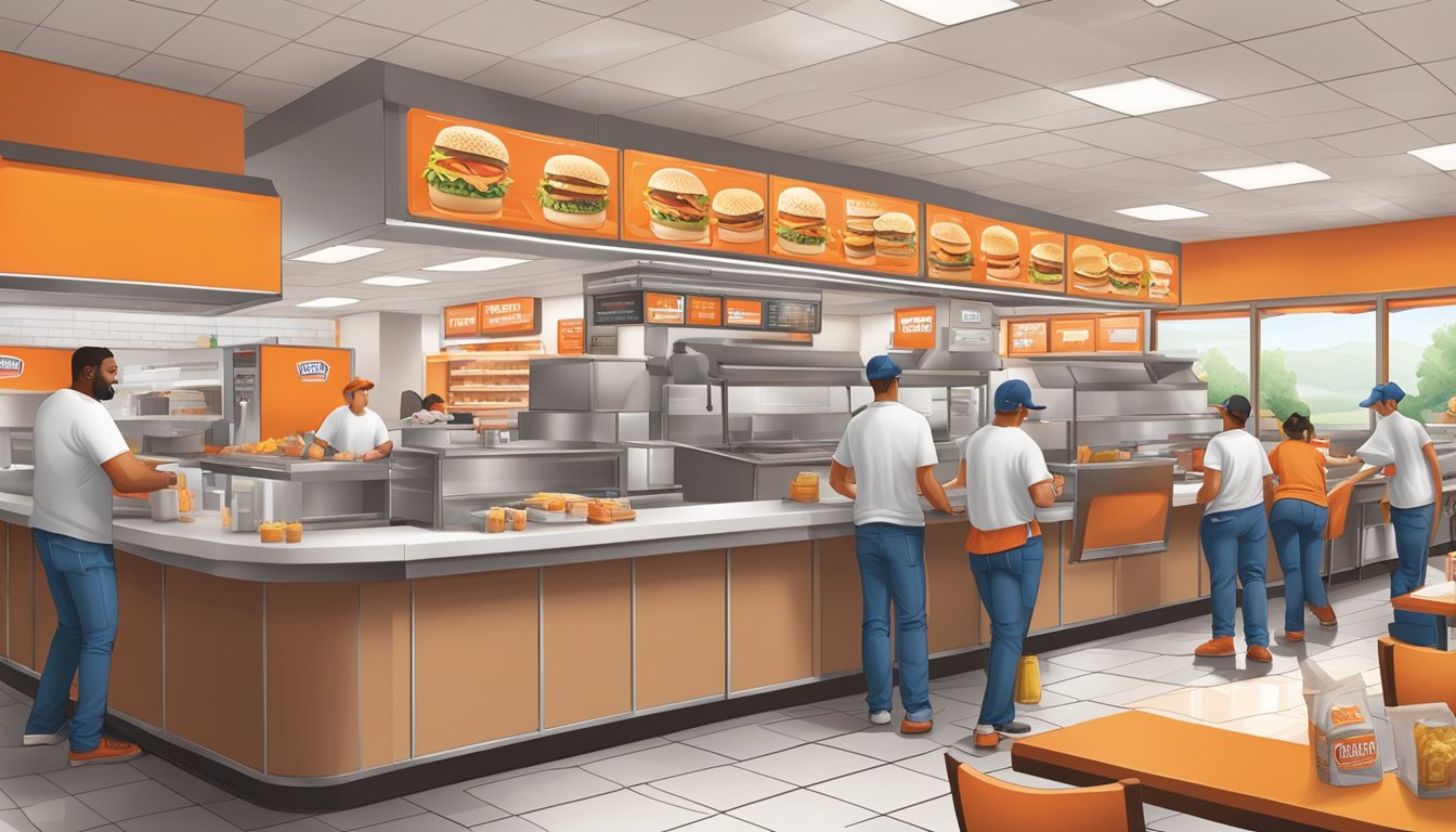 A bustling Whataburger restaurant with employees working in the kitchen, at the cash registers, and cleaning tables. Customers are enjoying their meals at the booths and tables