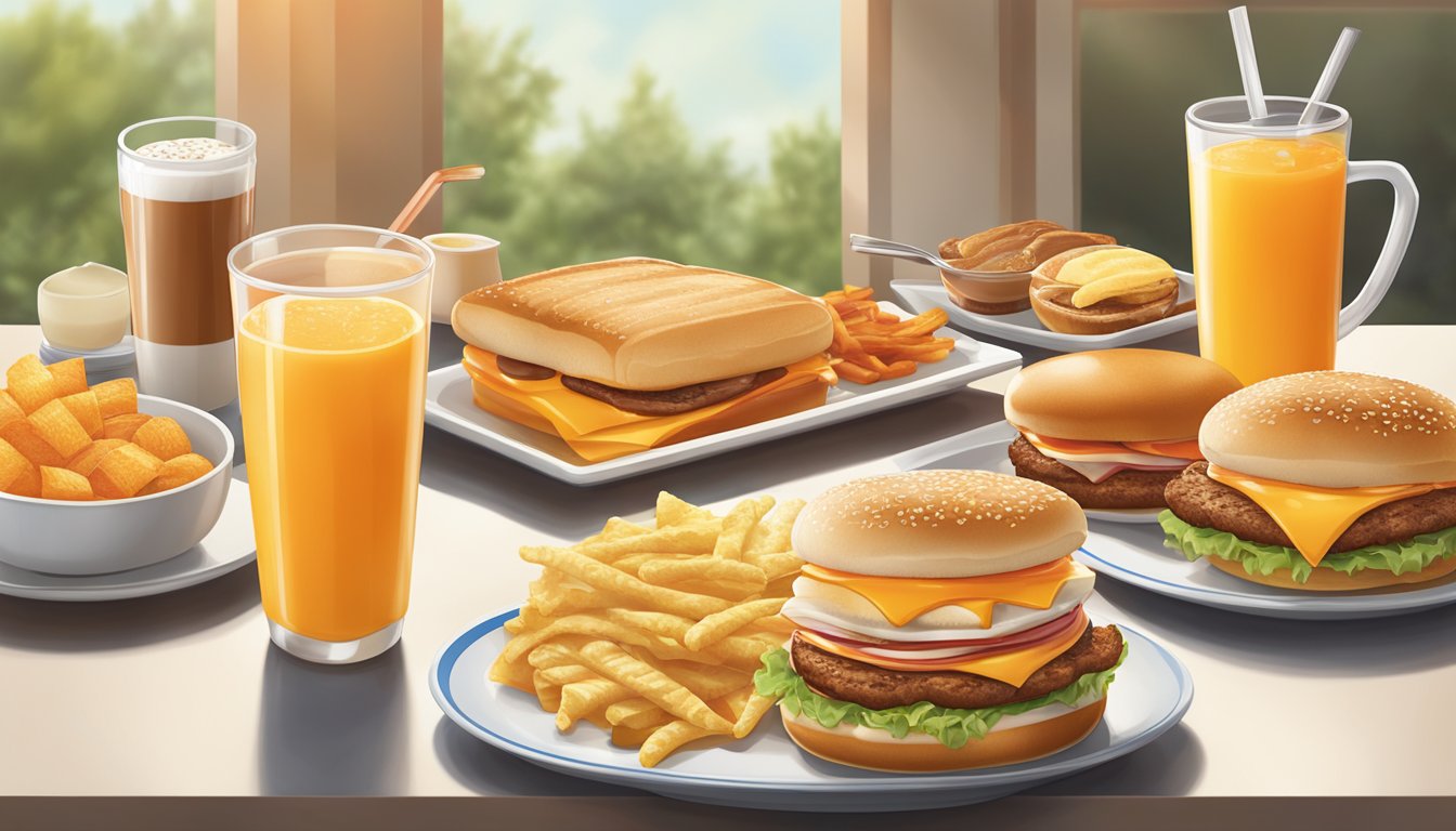 A sunny morning with a table set for breakfast, featuring a variety of Whataburger menu items arranged neatly on a plate