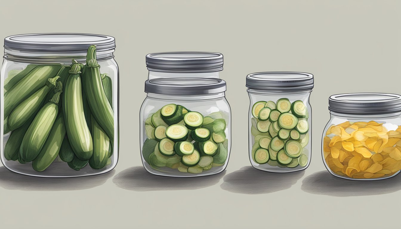 A variety of zucchini preservation methods displayed: canning jars, dehydrator, vacuum sealer, and freezer bags