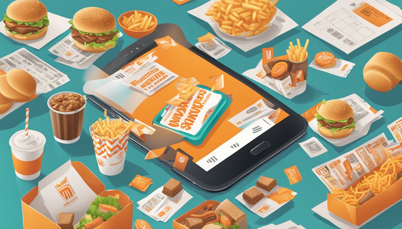 A person browsing a smartphone with the Whataburger website open, surrounded by various fast food coupons and promotional materials