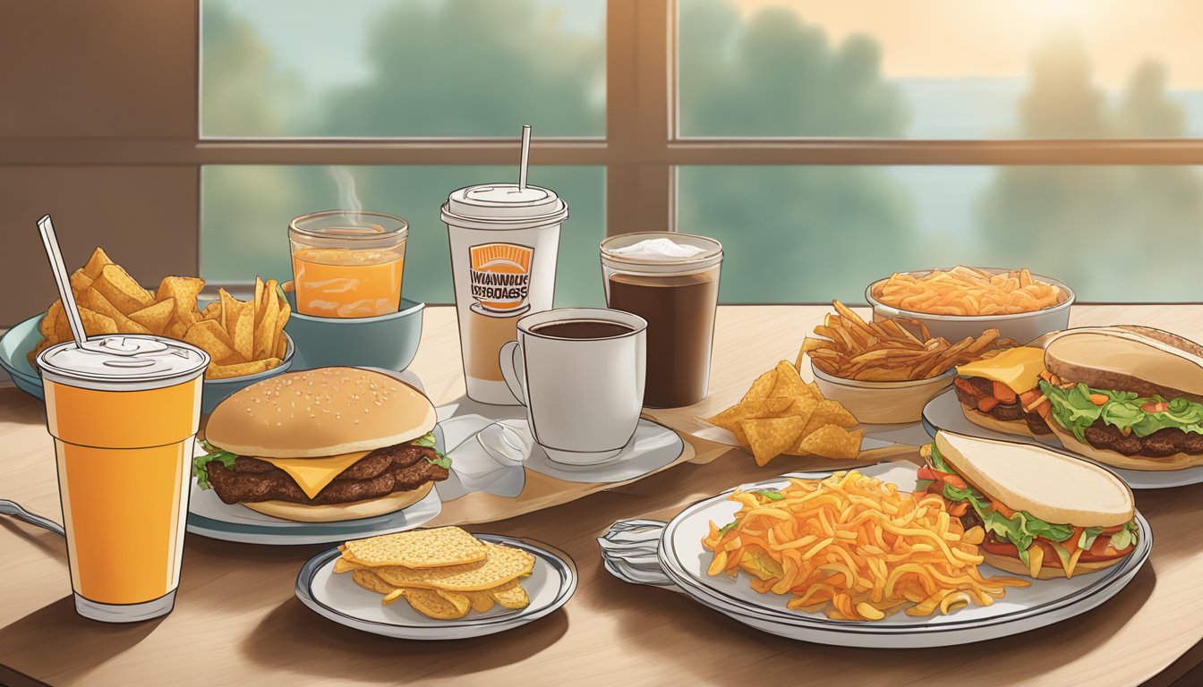 A delicious breakfast spread on a table with Whataburger menu items, including breakfast sandwiches, tacos, and hash browns, alongside a steaming cup of coffee