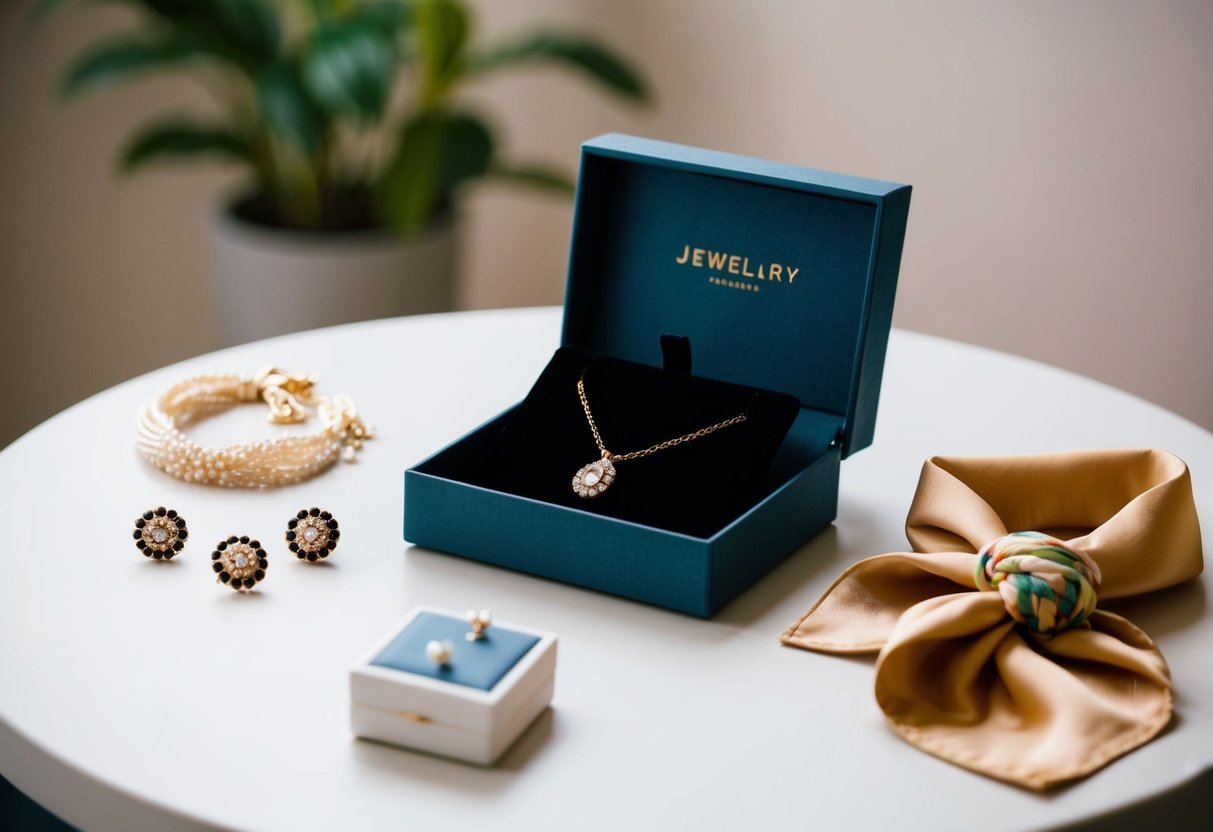 A jewelry box with a delicate necklace and matching earrings, a silk scarf, and a handcrafted hair accessory are laid out on a table