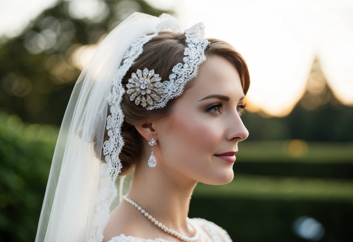 A bride wears a vintage brooch pinned to her lace veil