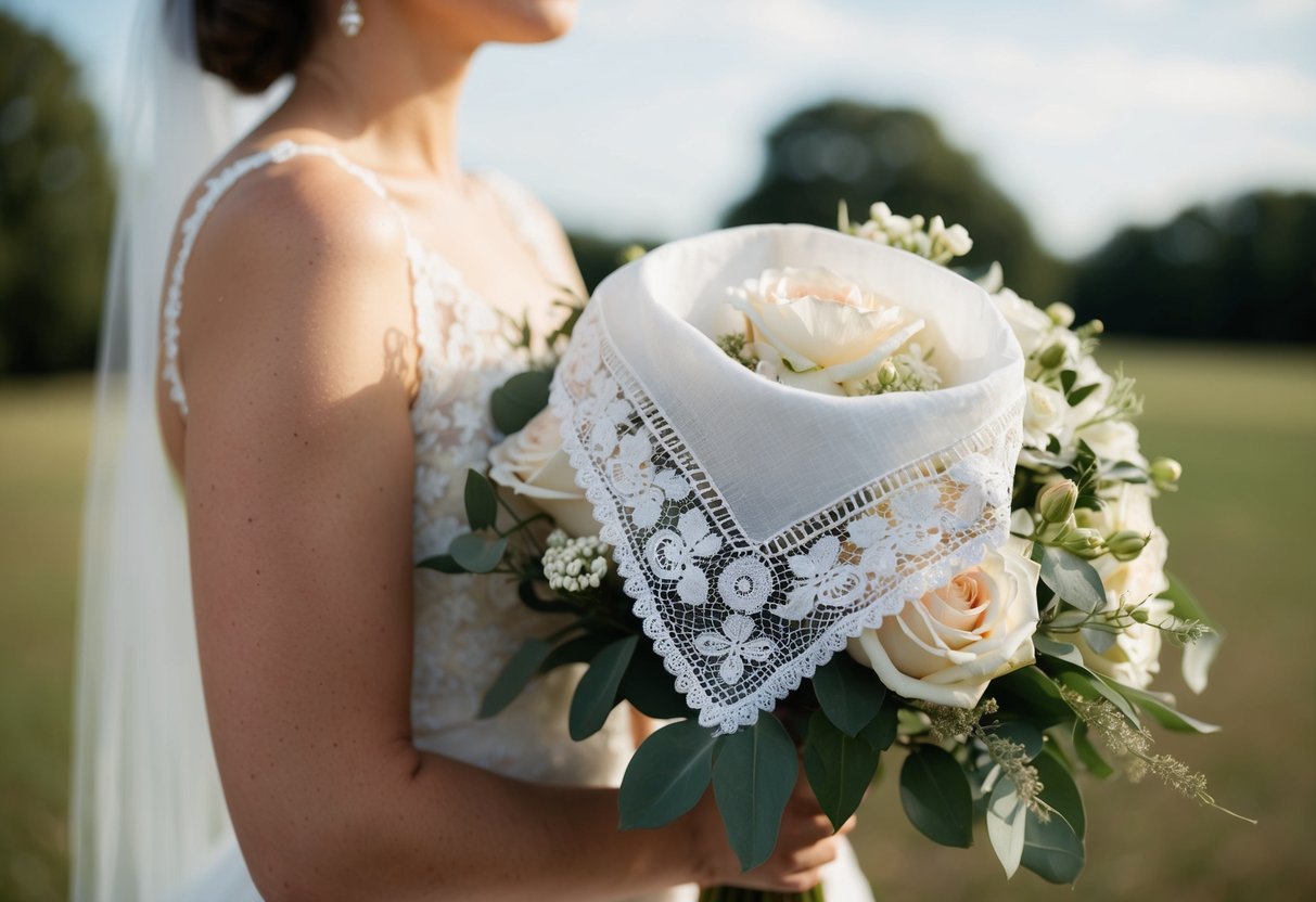A bride wearing a vintage lace handkerchief tucked into her bouquet