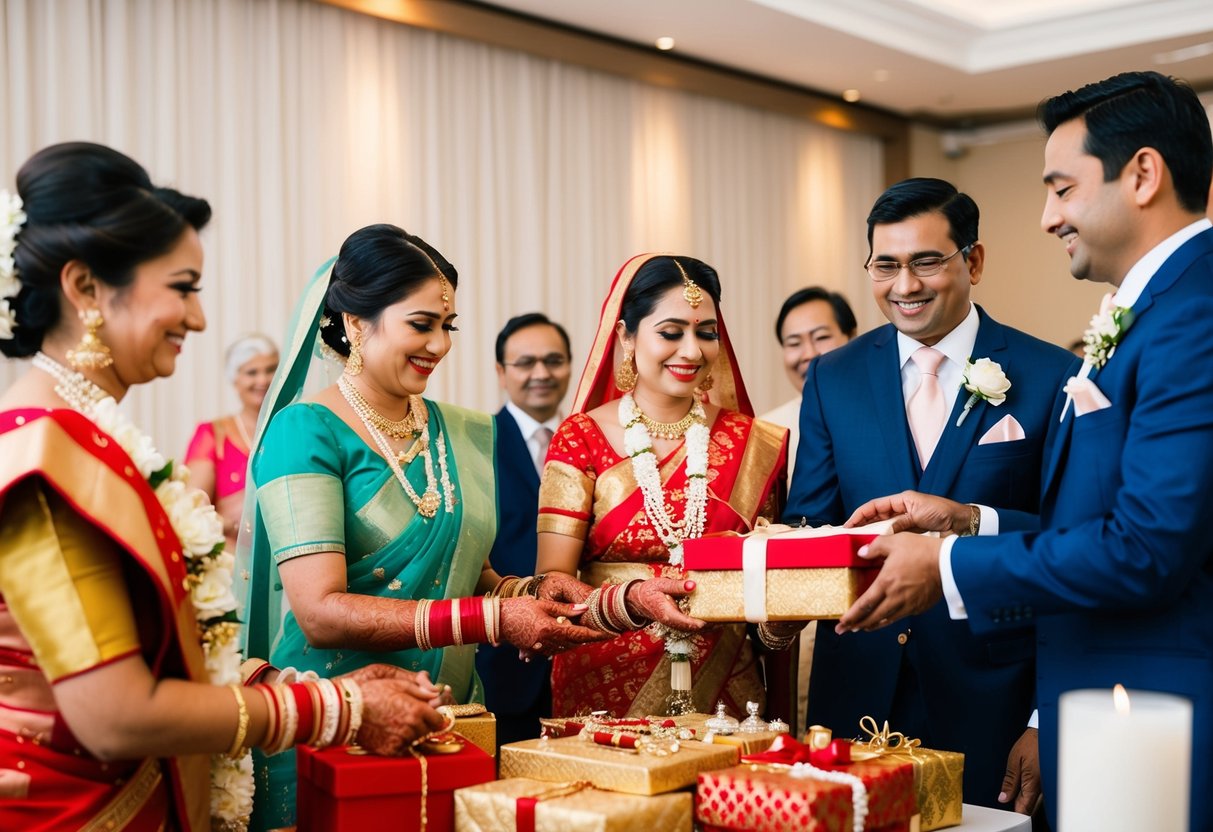 The groom's family presents the bride with traditional gifts such as jewelry, clothing, or household items during the ceremony or reception