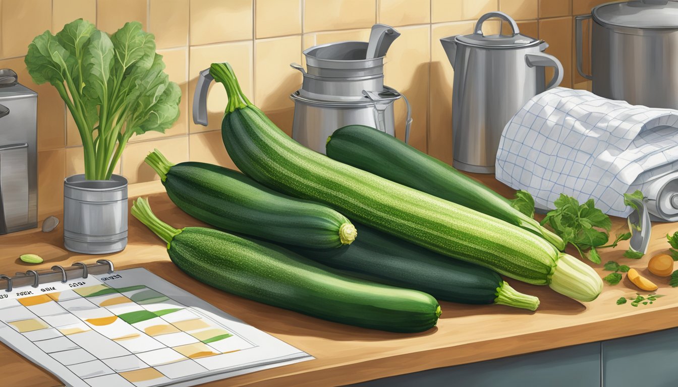 A zucchini sits on a kitchen counter next to a calendar, showing the passage of time. It is surrounded by various kitchen tools and ingredients, hinting at innovative uses for the vegetable