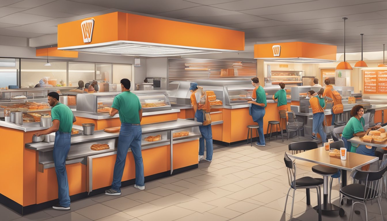 A bustling Whataburger restaurant with employees serving customers at the counter and in the drive-thru, while others work diligently in the kitchen preparing delicious meals