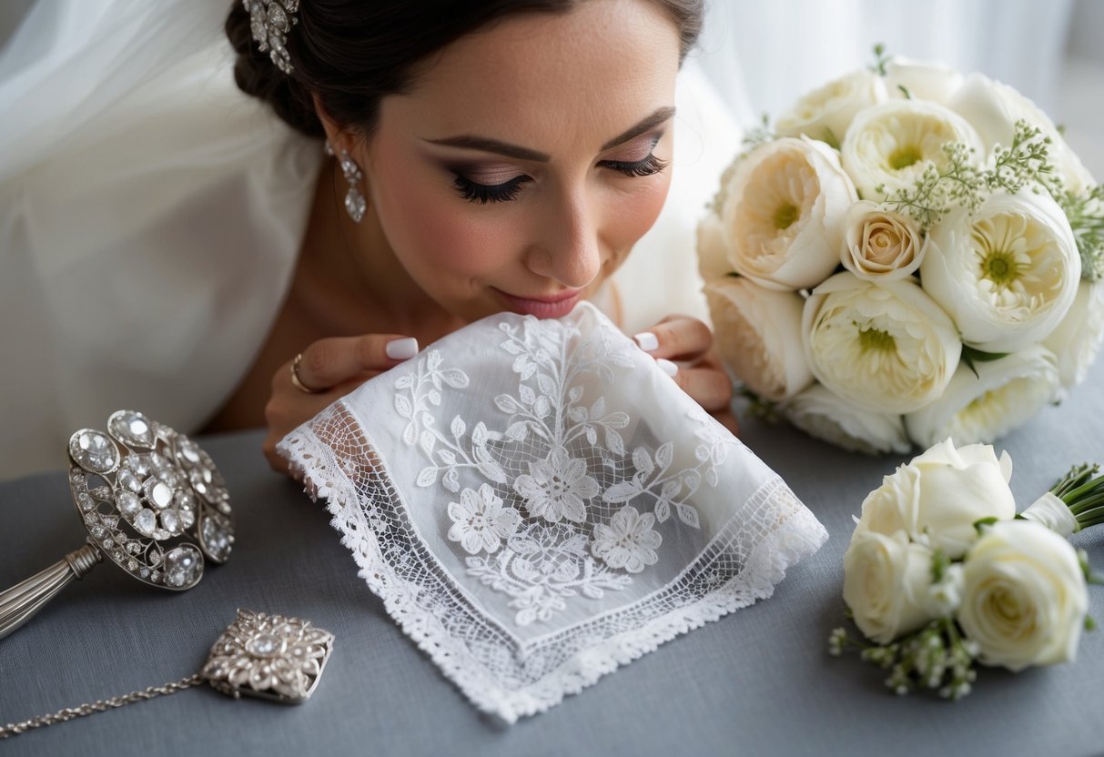 A bride admires a delicate lace handkerchief borrowed from her grandmother, nestled among her other bridal accessories
