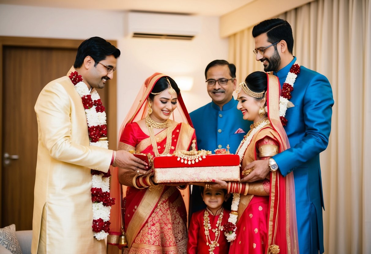The groom's family presents the bride with traditional gifts of jewelry and clothing as a gesture of post-wedding support