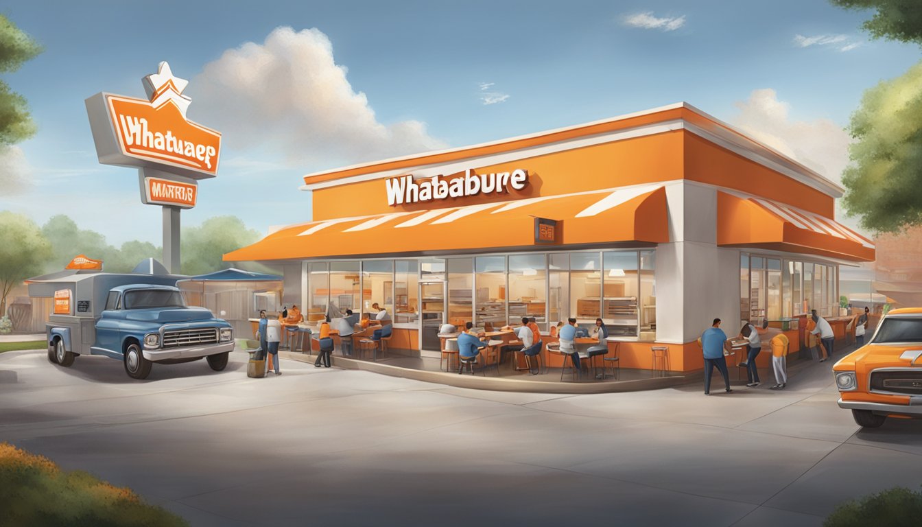 A bustling Whataburger restaurant with a drive-thru, outdoor seating, and a busy kitchen staff preparing delicious meals