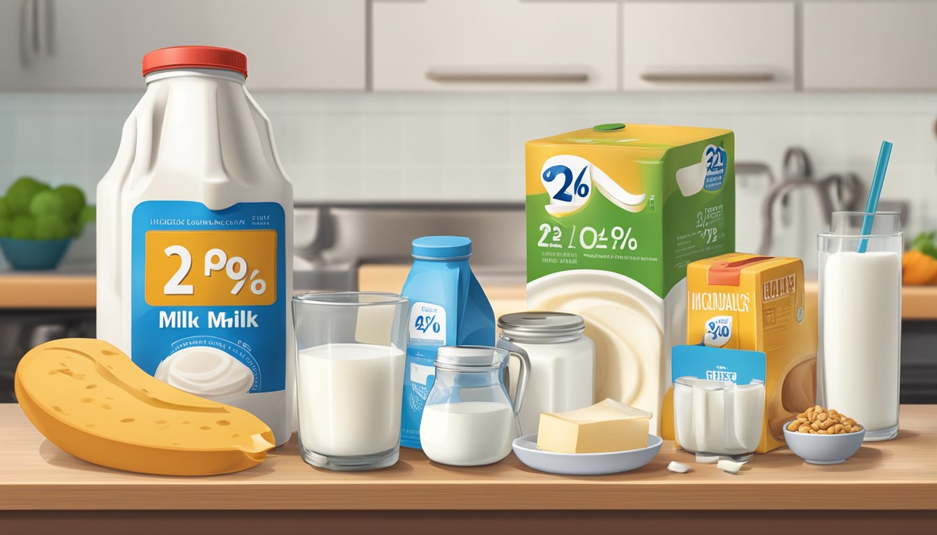 A carton of 2% milk sits on a kitchen counter, surrounded by a thermometer, calendar, and various food items