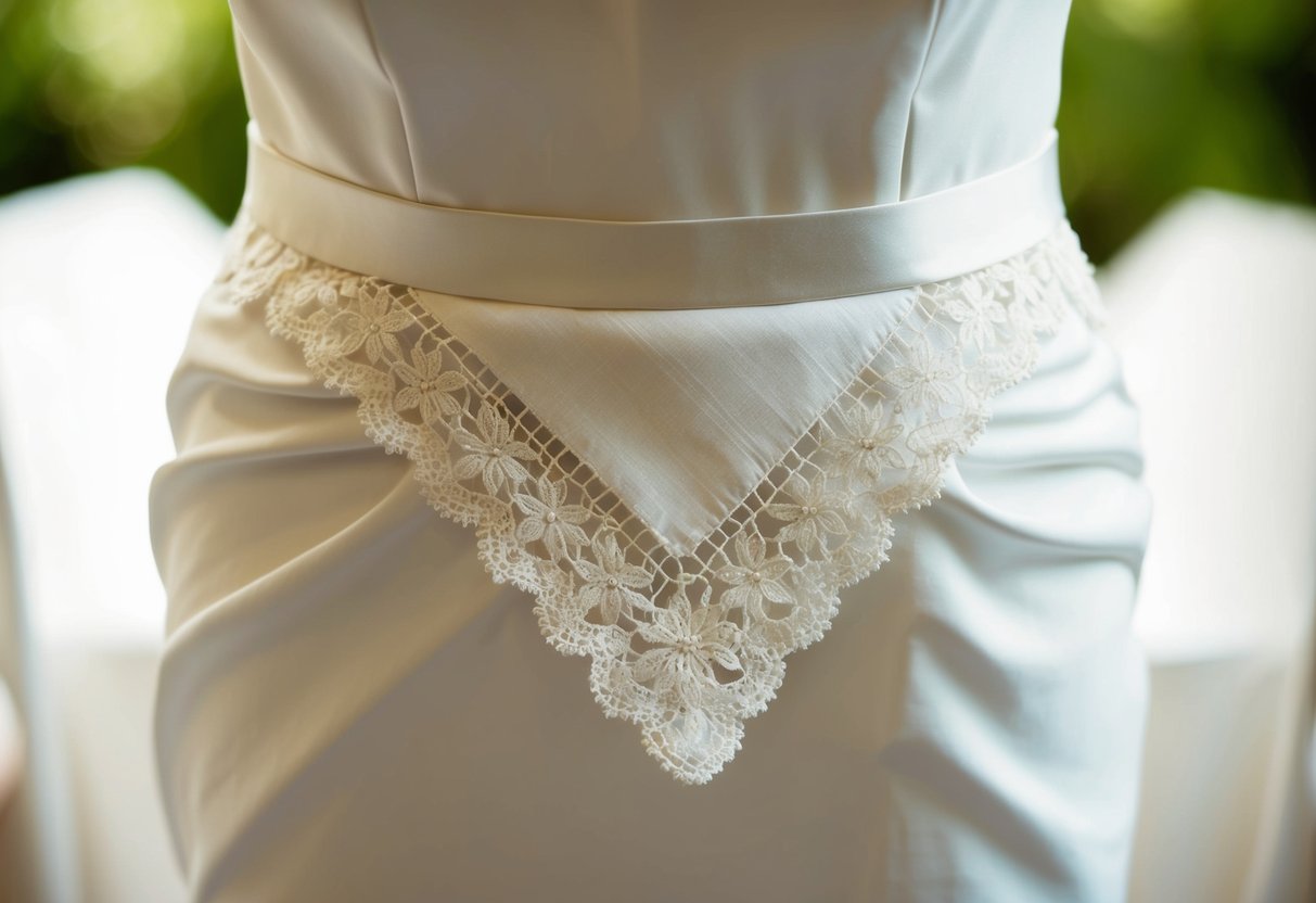 A bride wearing a delicate lace handkerchief tucked into the waistband of her gown