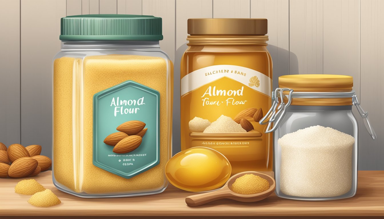 A sealed bag of almond flour sits on a kitchen shelf next to a jar of honey and a canister of sugar