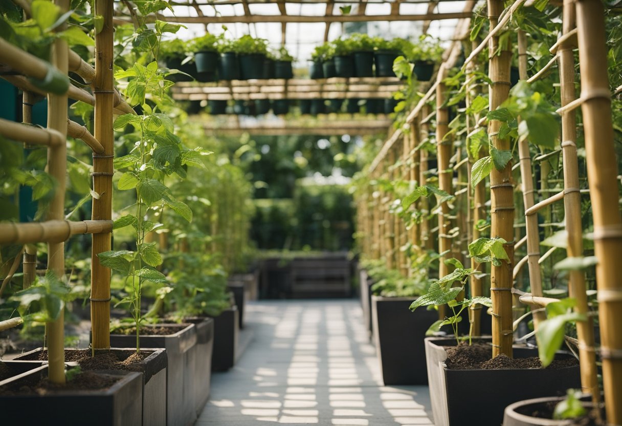 A garden with various trellises made from bamboo, wire, and wood. Plants like cucumbers, tomatoes, and climbing flowers are growing on the trellises