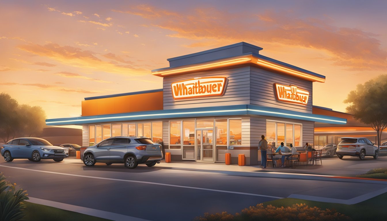 A bustling Whataburger restaurant at dawn, with a glowing sign and drive-thru line, as staff prepare breakfast items inside