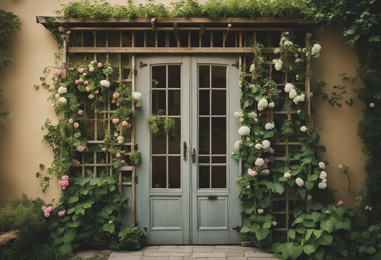 A repurposed door transformed into a trellis, adorned with climbing plants and flowers, adding a touch of rustic charm to the garden