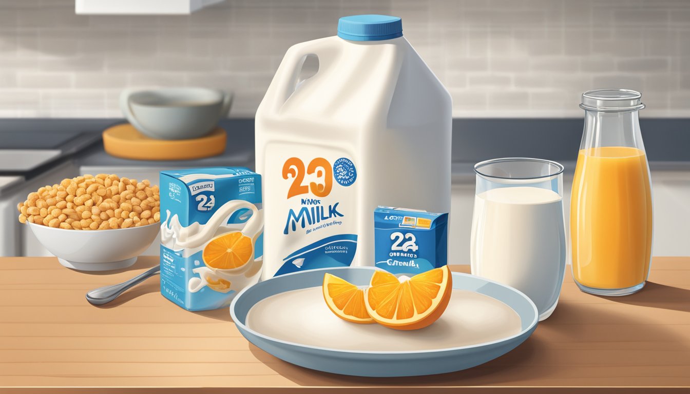 A carton of 2% milk sits on a kitchen counter, next to a bowl of cereal and a jug of orange juice. The milk's expiration date is clearly visible