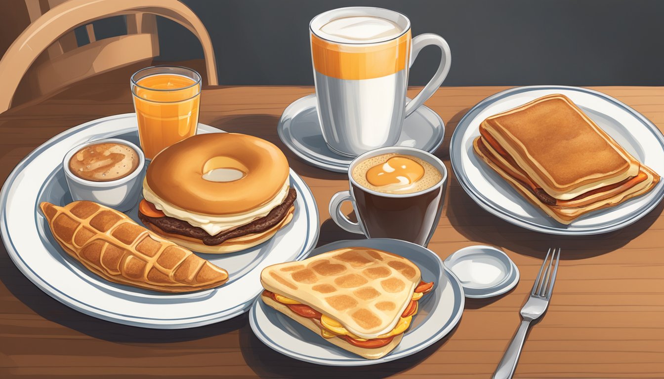 A table set with a classic breakfast spread, including a steaming cup of coffee, a plate of pancakes, and a breakfast sandwich from Whataburger