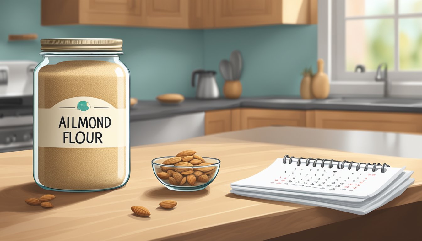 A jar of almond flour sits on a kitchen counter, sealed tightly with a lid. Nearby, a calendar marks the date of purchase