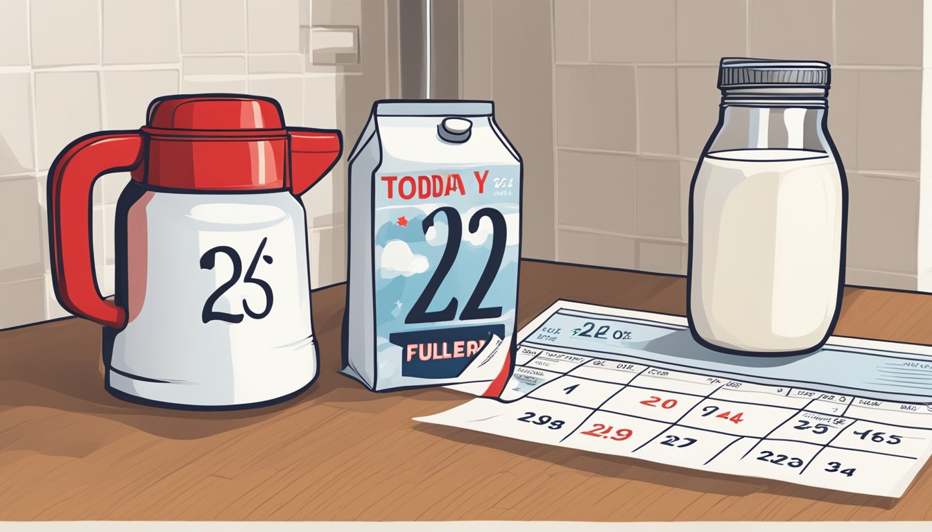 A half-full jug of 2% milk sits on a kitchen counter next to a calendar. The calendar shows today's date and a large red X over a date two weeks prior