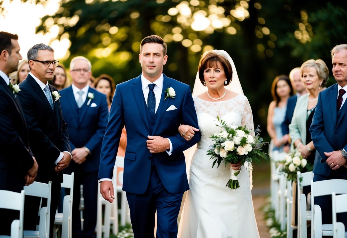 The groom escorts the mother of the bride down the aisle
