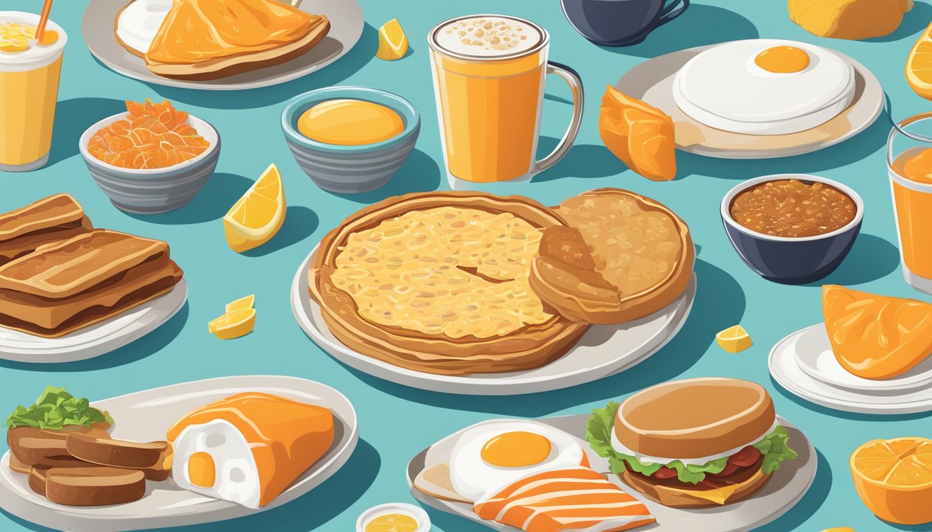 A colorful breakfast spread with nutritional labels and dietary symbols, surrounded by a clock showing Whataburger's breakfast hours