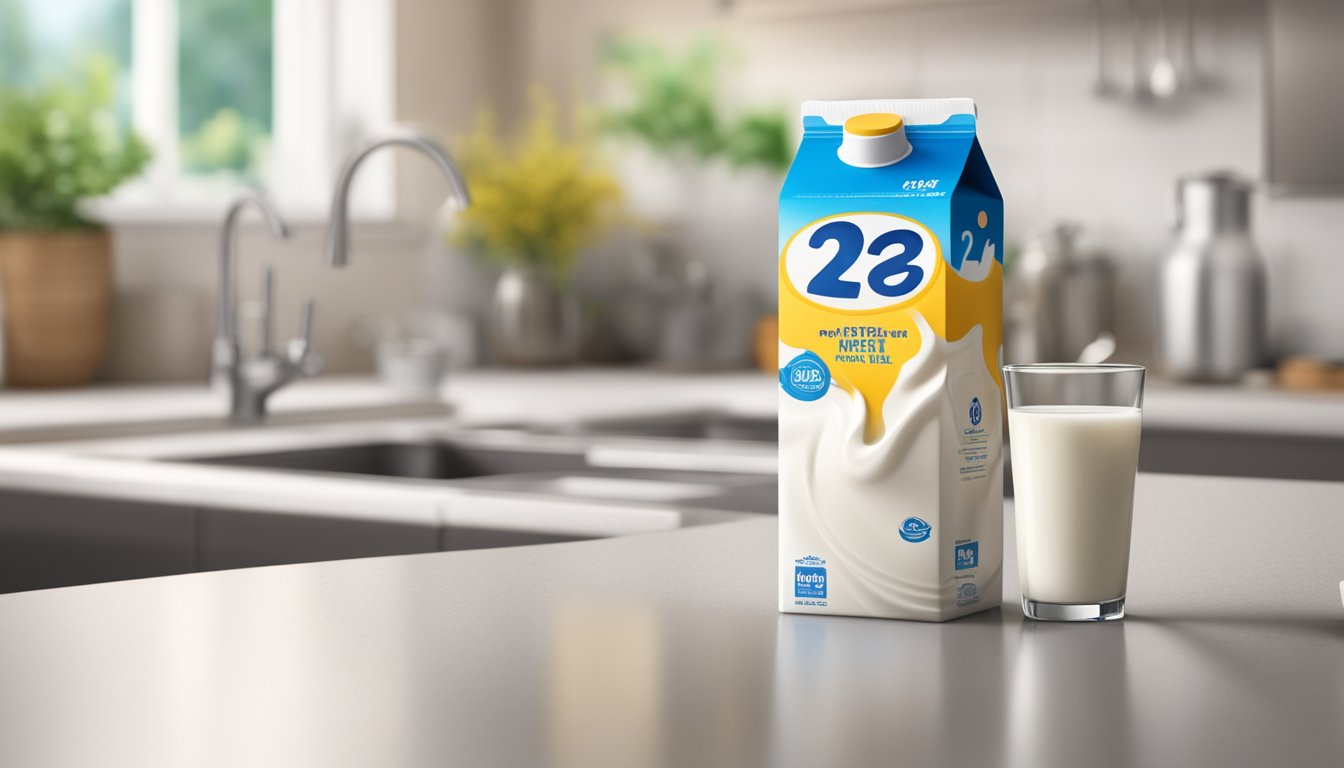 A carton of 2% milk sits on a kitchen counter, with a few drops spilled nearby and a faint expiration date on the label