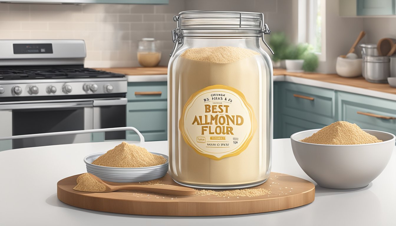 A jar of almond flour sits on a kitchen counter, with a best-by date label visible. Nearby, a recipe book is open to a page featuring almond flour recipes