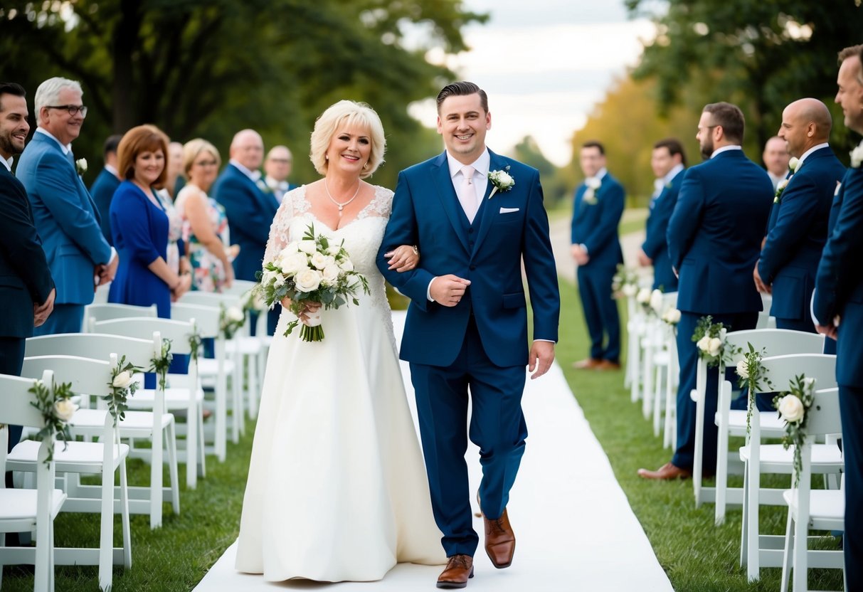 The groom and the mother of the bride walk side by side down the aisle