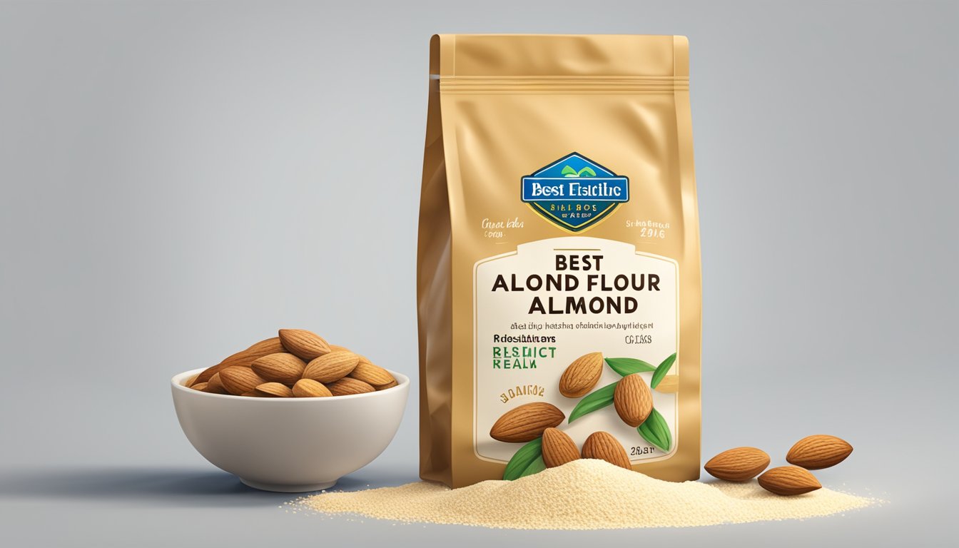 A sealed bag of almond flour with a "best by" date